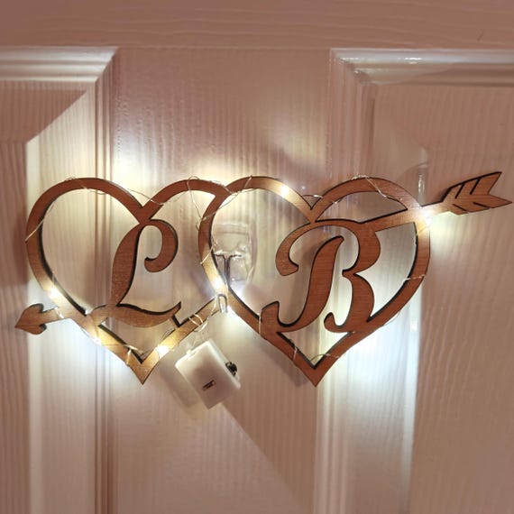 Personalised bespoke custom made heart laser cut engraved wood letters name word desk table stand wall door plaque sign logo fairy light