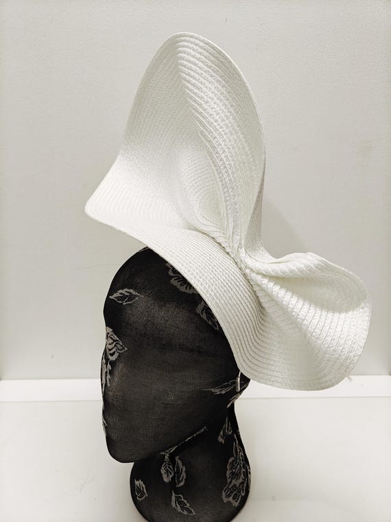 white large straw fascinator millinery burlesque wedding hat on headband ascot party race cosplay handmade unique design