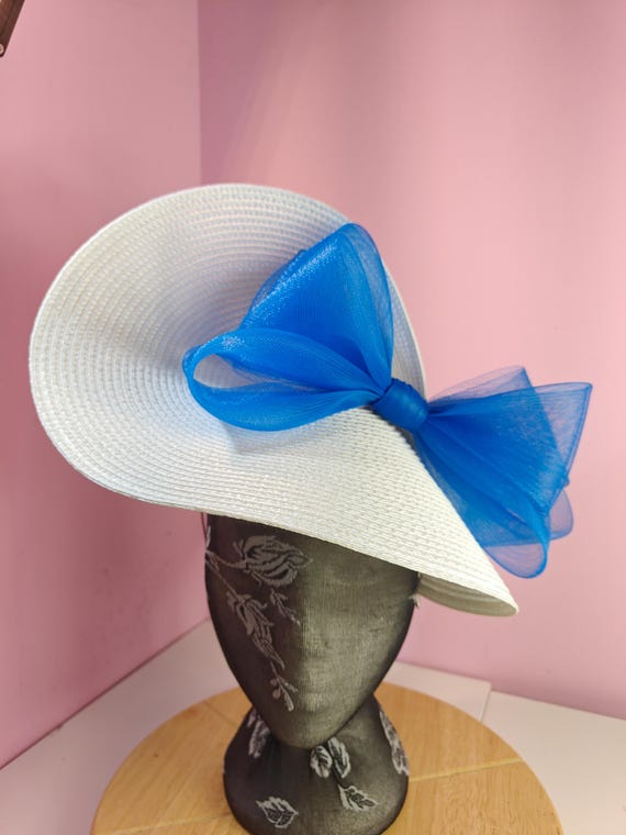 white blue straw crinoline bow fascinator millinery burlesque wedding hat on headband royal ascot party house race cosplay Kentucky derby