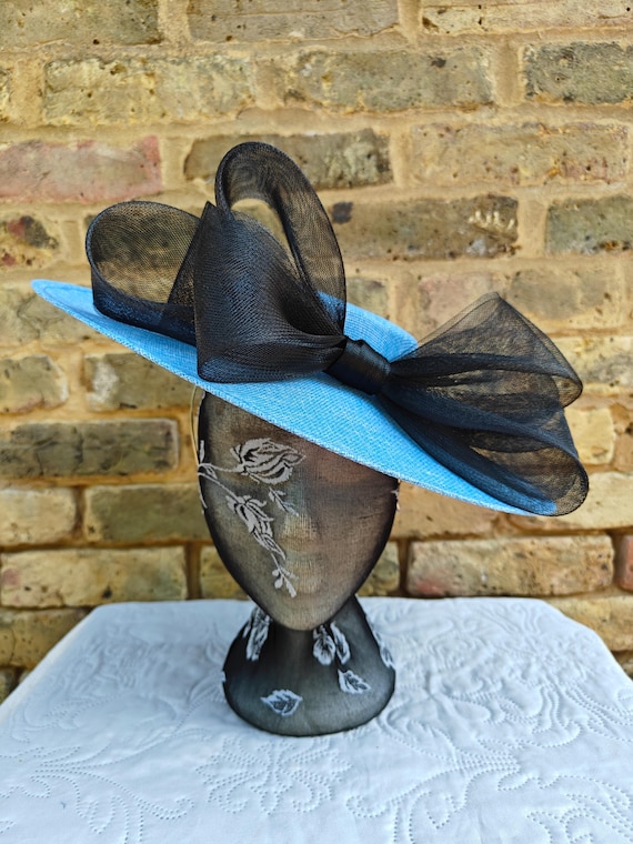 light blue black large fascinator millinery burlesque wedding hat headband party race cosplay handmade Kentucky Derby Royal Ascot