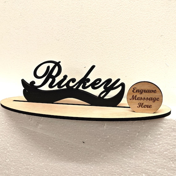 Black personalised custom made laser cut engraved wood wooden letter name word number desk table stand plaque sign logo design office home