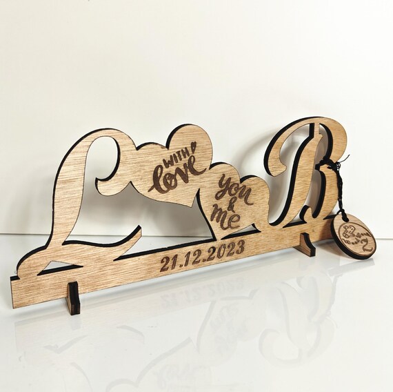 Personalised bespoke custom made heart laser cut engraved wood letters name word desk table stand wall door plaque sign logo design service