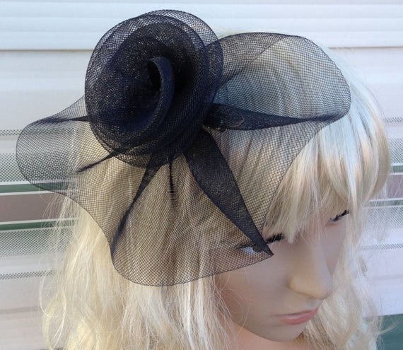 black crin flower netting fascinator millinery burlesque hair clip brooch hen party bridal ascot race fancy dress british