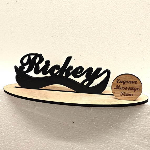 Black personalised custom made laser cut engraved wood wooden letter name word number desk table stand plaque sign logo design office home