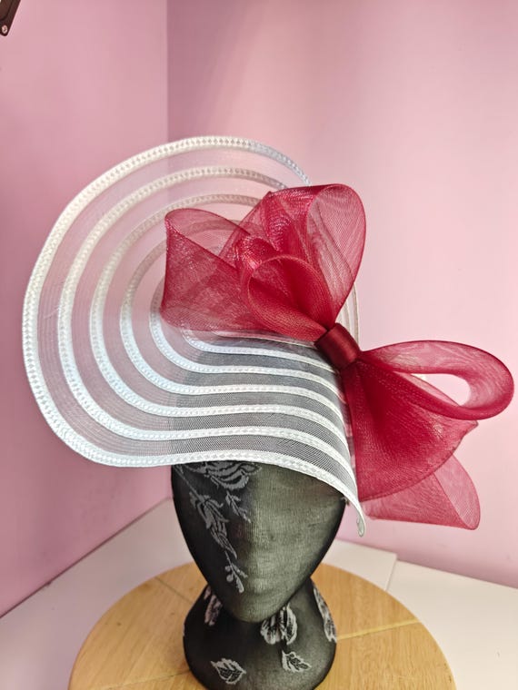 white red straw crinoline bow fascinator millinery burlesque wedding hat headband royal ascot party house race cosplay Kentucky derby
