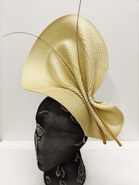 golden yellow large straw fascinator millinery burlesque wedding hat on headband ascot party race cosplay handmade unique design