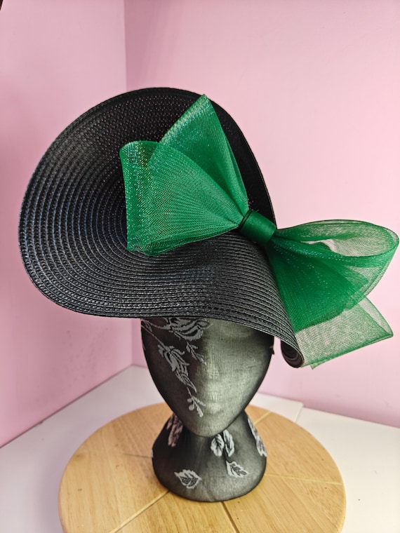 black green straw crinoline bow fascinator millinery burlesque wedding hat on headband royal ascot party house race cosplay Kentucky derby