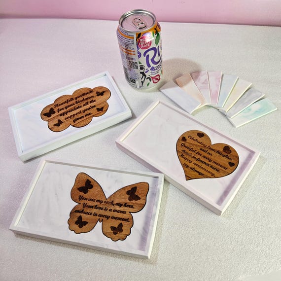 Custom hand made personalised bespoke real hard solid wood laser cut engraving plaster gypsum eco resin casting jewellery trinket tray dish