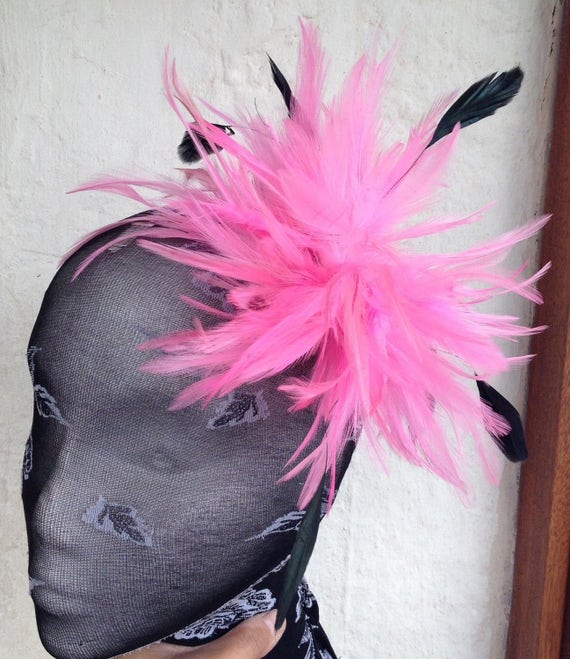 pink black feather fascinator millinery burlesque hair clip brooch hen party bridal ascot race fancy dress british
