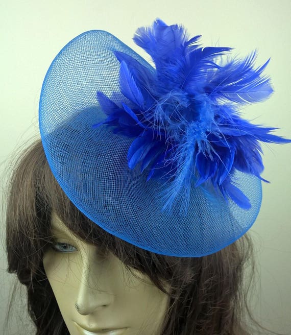 blue feather flower crin netting fascinator millinery burlesque hair clip hen party bridal ascot race fancy dress british