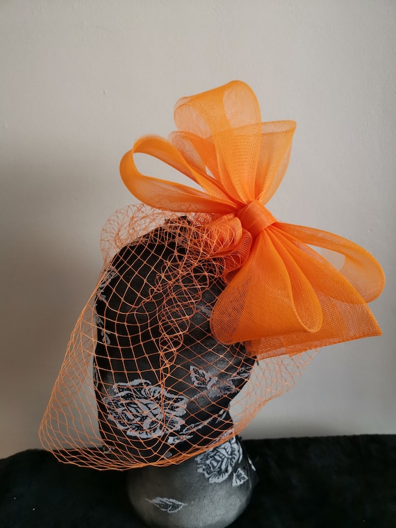 orange feather veil veiling fascinator millinery burlesque headband wedding hat hair piece