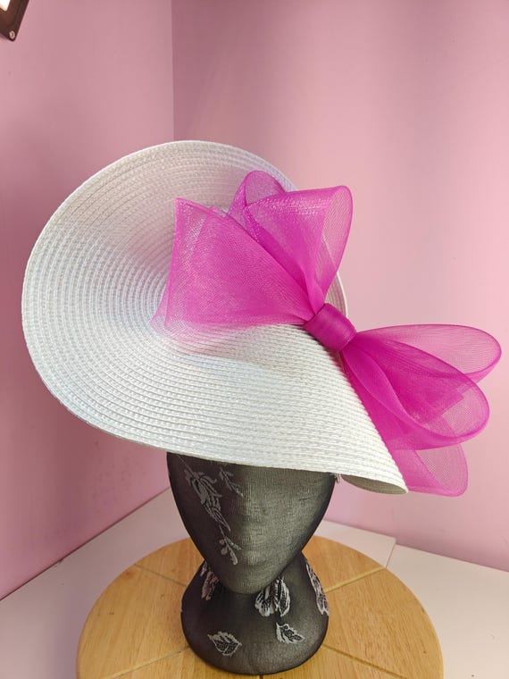 white pink straw crinoline bow fascinator millinery burlesque wedding hat on headband royal ascot party house race cosplay Kentucky derby