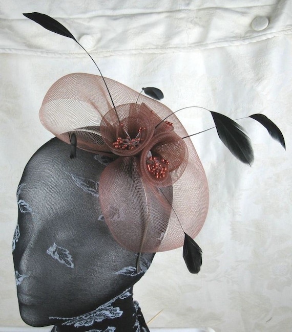 brown feather fascinator millinery burlesque headband wedding hat hair piece