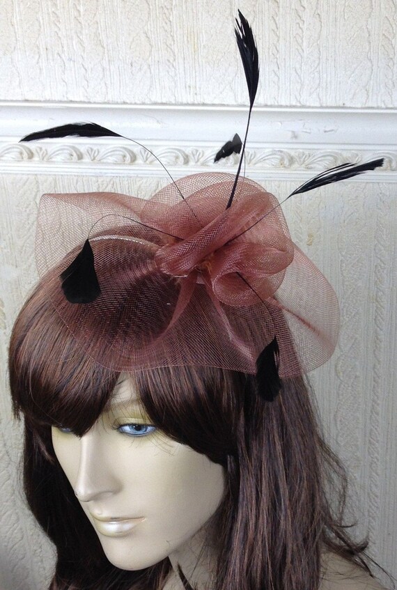 brown feather fascinator millinery burlesque headband wedding hat hair piece