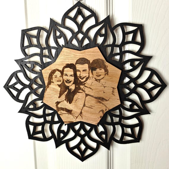personalised picture photo name message wooden mandala flower pattern wall door decoration laser cut engraved home art wood sign fairy light