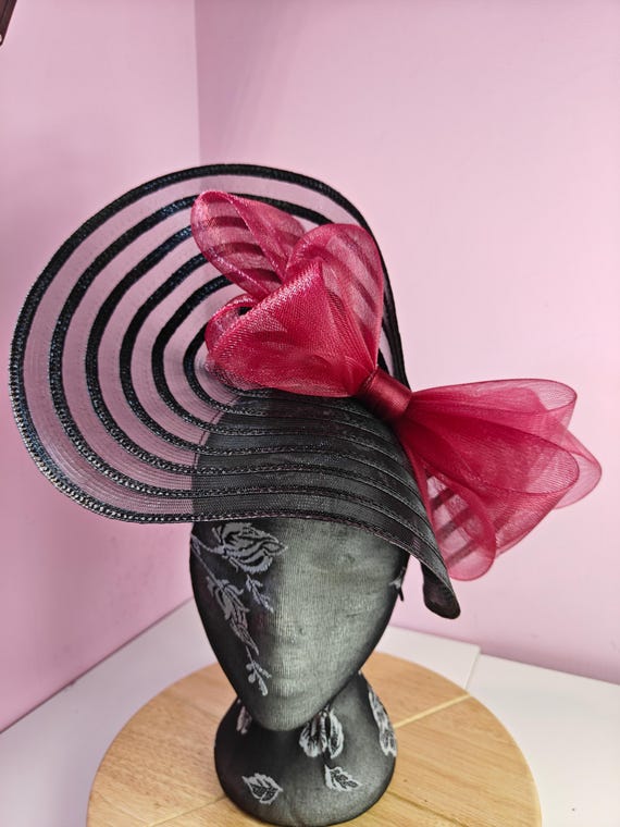 black red straw crinoline bow fascinator millinery burlesque wedding hat headband royal ascot party house race cosplay Kentucky derby