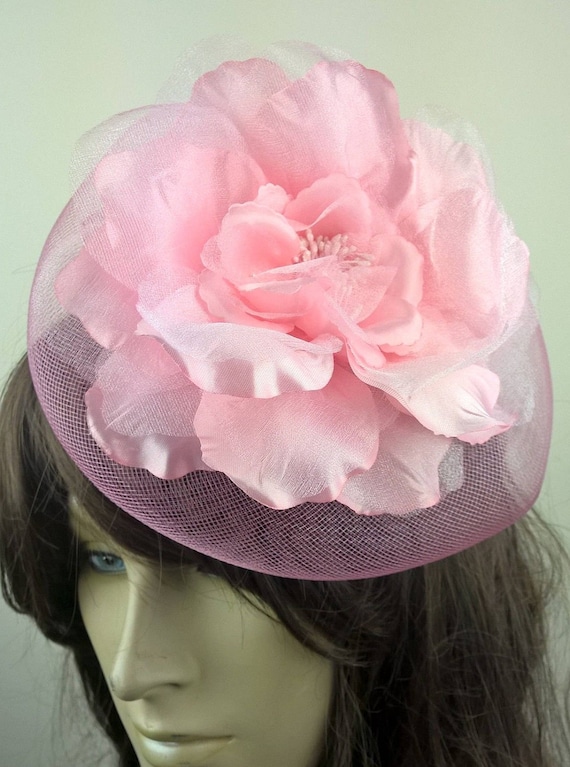 pink satin flower crin netting fascinator millinery burlesque hair clip hen party bridal ascot race fancy dress british