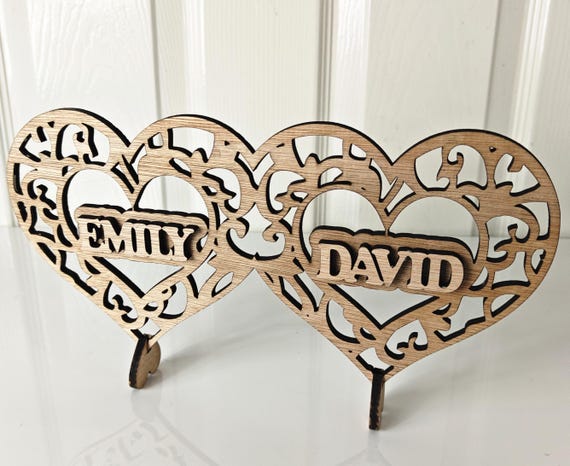 Personalised bespoke love heart laser cut engraved wood name word desk table stand free standing wall door plaque sign logo design service