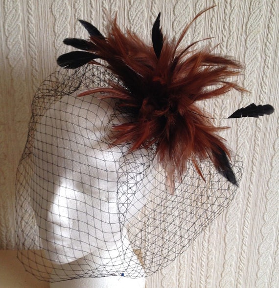 brown feather flower black french veil veiling fascinator millinery burlesque hair clip hen party bridal ascot race fancy dress