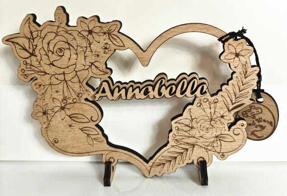 Personalised bespoke laser cut engrave wood name word desk table stand free standing wall door plaque birthday card sign logo design service