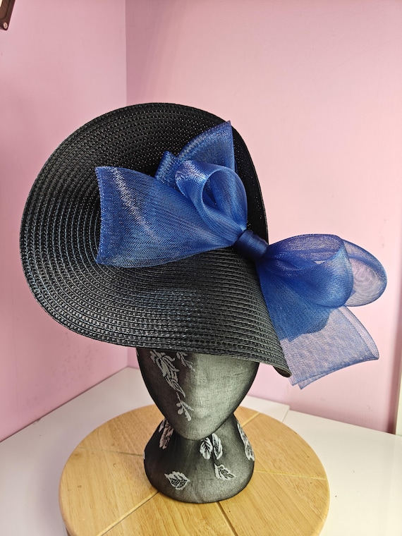 black blue straw crinoline bow fascinator millinery burlesque wedding hat on headband royal ascot party house race cosplay Kentucky derby