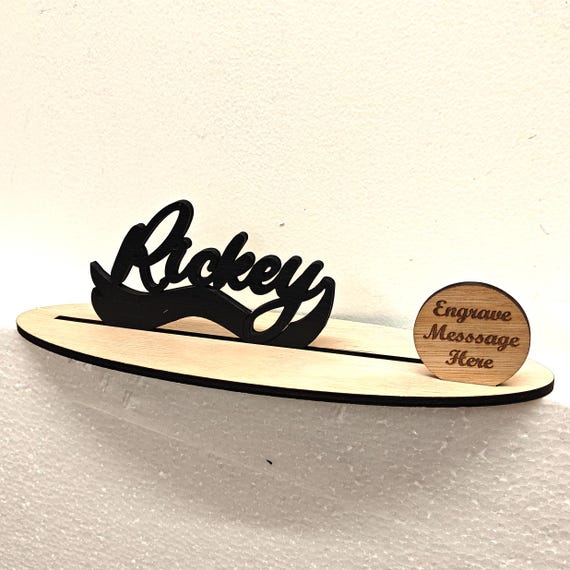 Black personalised custom made laser cut engraved wood wooden letter name word number desk table stand plaque sign logo design office home