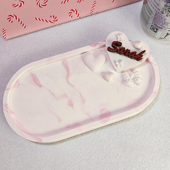 Custom hand made personalised bespoke real hard solid wood laser cut name word plaster gypsum jewellery coin trinket key tray dish plate
