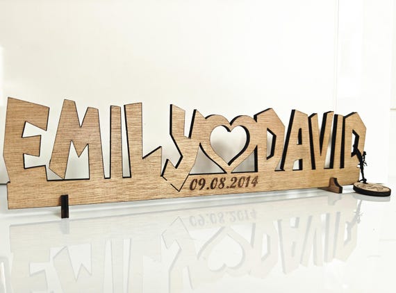 Personalised bespoke love heart laser cut engraved wood name word desk table stand free standing wall door plaque sign logo design service