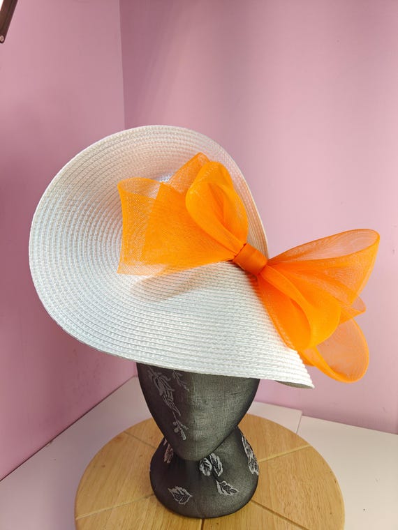 white orange straw crinoline bow fascinator millinery burlesque wedding hat on headband royal ascot party house race cosplay Kentucky derby
