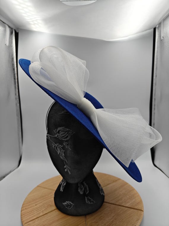 royal blue white large fascinator millinery burlesque wedding hat headband party race cosplay handmade Kentucky Derby Royal Ascot
