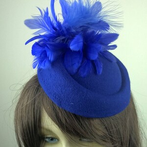 Royal Blue Felt Pill Box Hat Feather Fascinator Millinery