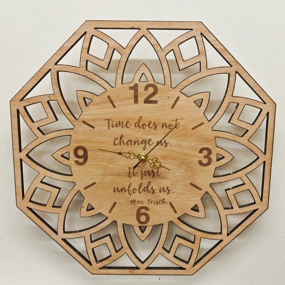 custom made personalised bespoke wood wooden laser cut engraved mandala pattern wall clock name word letter message birthday wedding gift