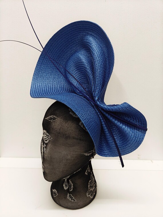 blue large straw fascinator millinery burlesque wedding hat on headband ascot party race cosplay handmade unique design