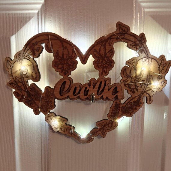 Personalised bespoke laser cut engrave wood name word desk table stand free standing wall door plaque card sign logo design fairy light
