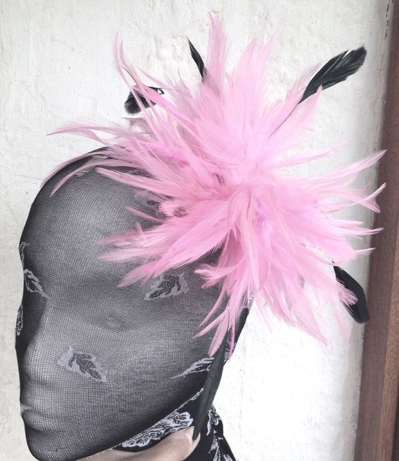 pink black feather fascinator millinery burlesque hair clip brooch hen party bridal ascot race fancy dress british