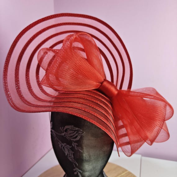red large fascinator millinery burlesque wedding hat headband party race cosplay handmade Kentucky Derby Royal Ascot