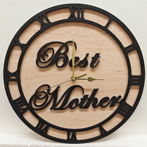 Reloj de pared personalizado de madera cortado con láser, grabado en negro, con nombre, palabra, letra, mensaje, regalo de cumpleaños, aniversario de bodas