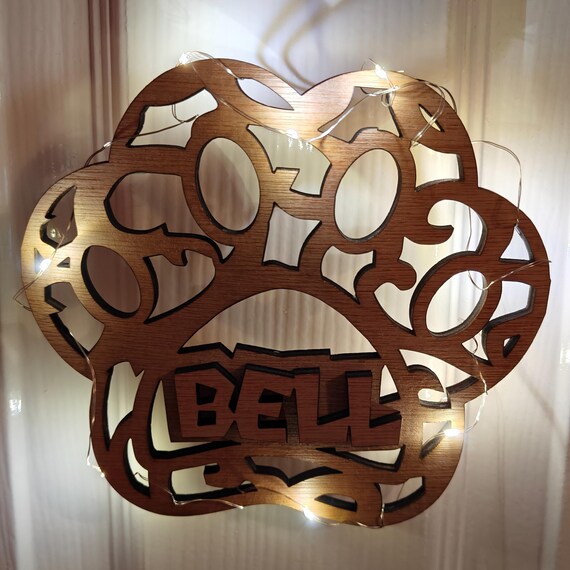 Personalised bespoke pet cat paw laser cut engraved wood name word number desk table stand wall door plaque sign logo design fairy light