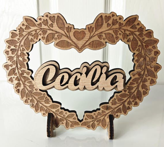 Personalised bespoke laser cut engrave heart wood name word desk table stand free standing wall door plaque card sign logo design service