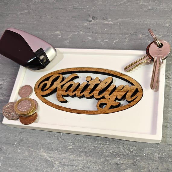 Custom hand made personalised bespoke real hard solid wood laser cut name word plaster gypsum jewellery coin trinket key tray dish plate