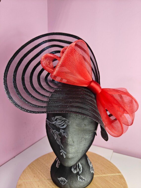 black red straw crinoline bow fascinator millinery burlesque wedding hat headband royal ascot party house race cosplay Kentucky derby