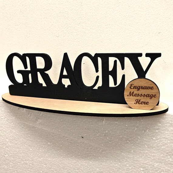Black personalised custom made laser cut engraved wood wooden letter name word number desk table stand plaque sign logo design office home
