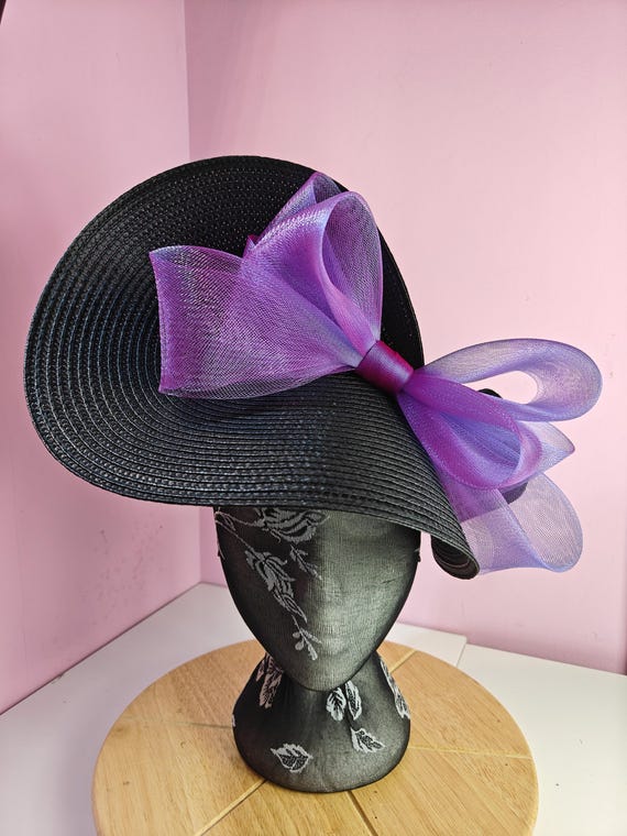 black purple straw crinoline bow fascinator millinery burlesque wedding hat on headband royal ascot party house race cosplay Kentucky derby