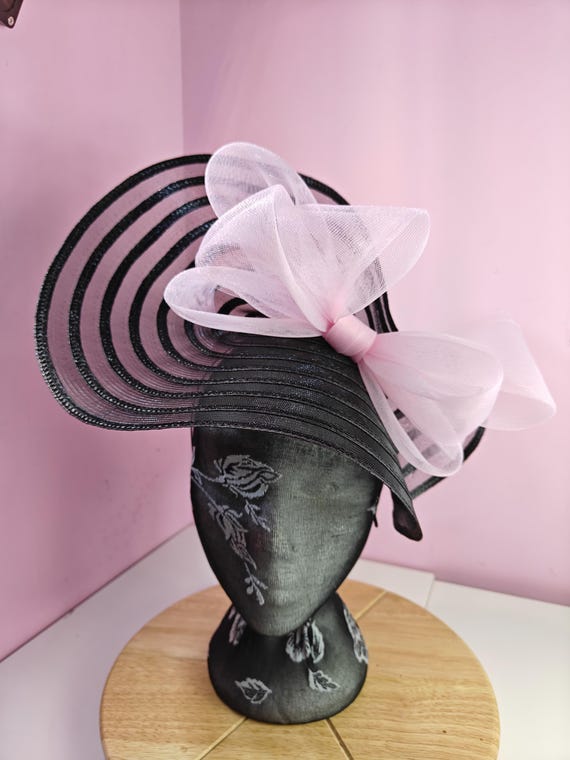 black pink straw crinoline bow fascinator millinery burlesque wedding hat headband royal ascot party house race cosplay Kentucky derby