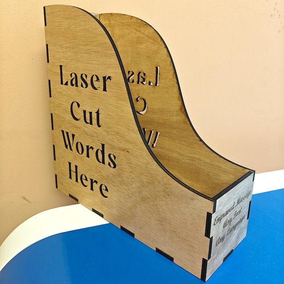 personalised bespoke custom made wood file book folder holder storage box laser cut letter word message number engraved shelf home office