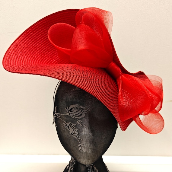 bright red straw crinoline bow fascinator millinery burlesque wedding hat on headband ascot party race cosplay