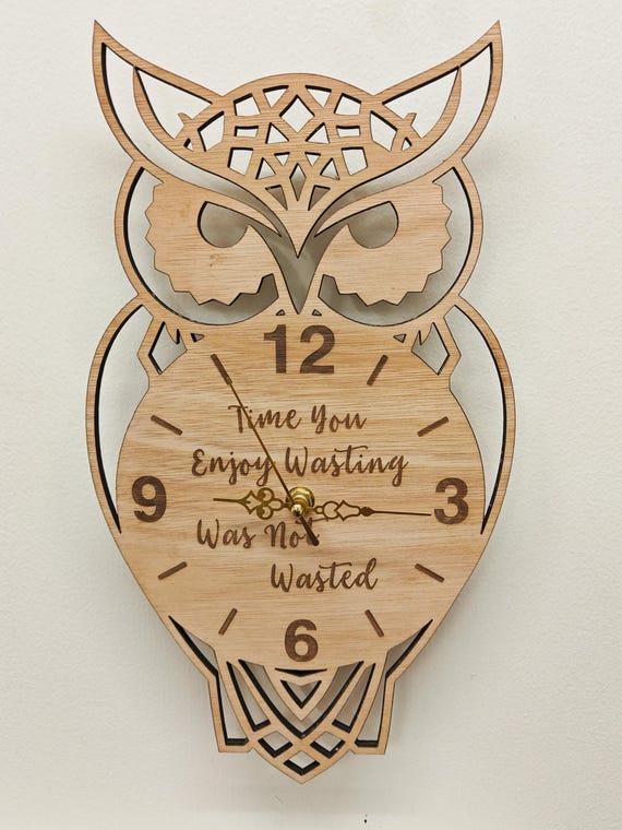 custom made personalised bespoke wood wooden laser cut engraved owl wall clock name word letter message birthday wedding anniversary gift