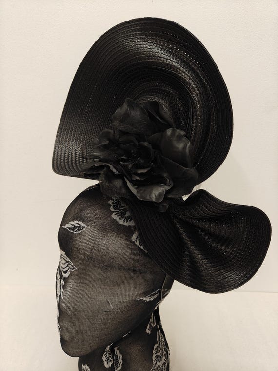 black large straw fascinator flower millinery burlesque wedding hat on headband ascot party race cosplay handmade unique design