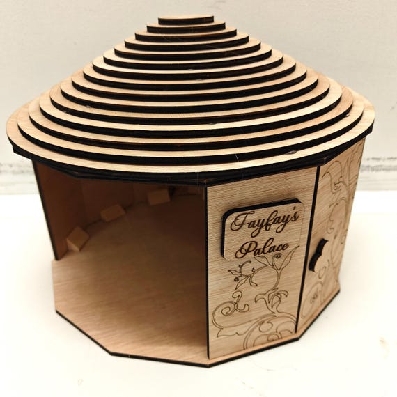 personalised bespoke custom made laser cut engraved wood wooden pet house round tent home hutch cat dog tortoise hamster guinea pig reptile