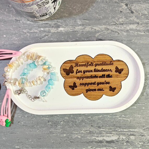 Custom hand made personalised bespoke real hard solid wood laser cut engraving plaster gypsum casting jewellery ring trinket key tray dish